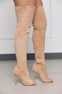 Lori Thigh High Peep Toe Boot (Taupe)- FINAL SALE