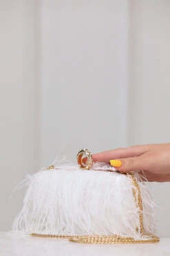 Harlow Feathered Box Clutch (White)