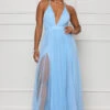 Givin' Glamour Plunge Tulle Dress (Blue)- FINAL SALE