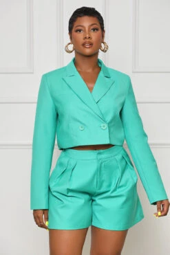 Short And Chic Crop Blazer Short Set (Green)- FINAL SALE