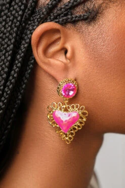 Pink Jeweled Heart Shaped Drop Earrings