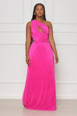 Summer Games One Shoulder Plisse Maxi Dress (Pink)