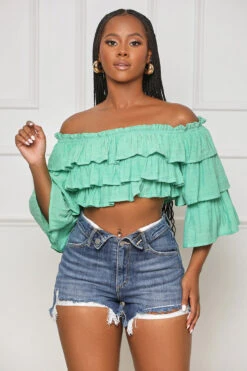 Back At It Ruffle Crop Top (Green)- FINAL SALE