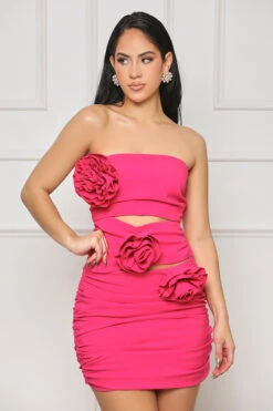Weekend Energy 3D Rose Ruched Mini Dress (Pink)- FINAL SALE