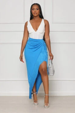 Right On Cue Fringe Midi Skirt (Blue)- FINAL SALE