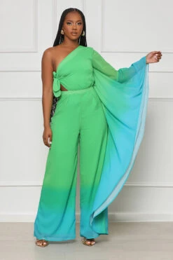 Feeling Martini's One Shoulder Ombre Jumpsuit (Green Multi)- FINAL SALE