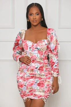 Romantic Florals Ruched Sweetheart Dress (Red Multi)- FINAL SALE -Lilly's Kloset lilly4 4 233157