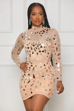 Star Quality Mesh Mirror Mini Dress (Tan)- FINAL SALE