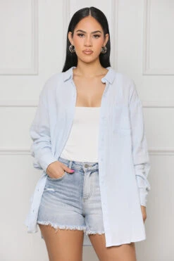 Long Sleeve Linen Button Down Top (Blue)- FINAL SALE