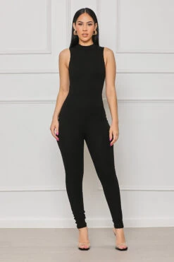 Sleek Contour Ribbed Jumpsuit (Black)
