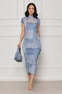 Can't Replace Me Denim Print Mesh Dress (Blue) -Lilly's Kloset lilly5 16 2321838