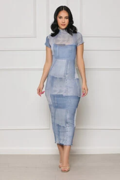 Can't Replace Me Denim Print Mesh Dress (Blue)