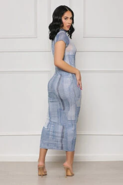 Can't Replace Me Denim Print Mesh Dress (Blue) -Lilly's Kloset lilly5 16 2321871