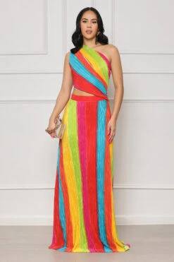 Summer Games One Shoulder Plisse Maxi Dress (Red Multi) -Lilly's Kloset lilly5 16 2321876