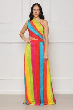 Summer Games One Shoulder Plisse Maxi Dress (Red Multi)