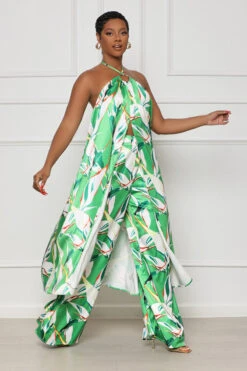 Tropic Lush Halter Top Pants Set (Green Multi)