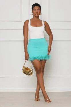Bold Statements Feather Trim Mini Skirt (Teal)- FINAL SALE