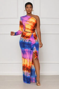 Summer Hues One Shoulder Midi Dress (Purple Multi)