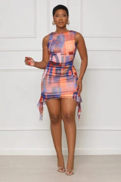 After Party Ruched Mesh Dress (Orange Multi)