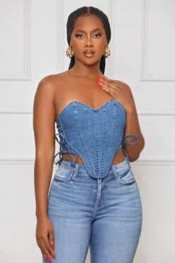 Done Up Drawstring Denim Corset (Blue)- FINAL SALE