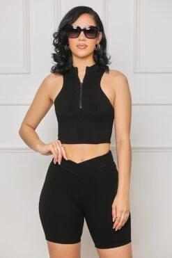 Contour Ribbed Zip Up Shorts Set (Black) -Lilly's Kloset lilly5 23 2325213