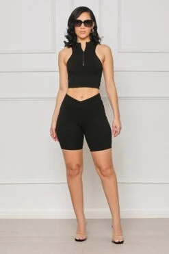 Contour Ribbed Zip Up Shorts Set (Black)