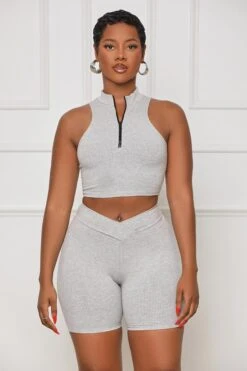 Contour Ribbed Zip Up Shorts Set (Grey)