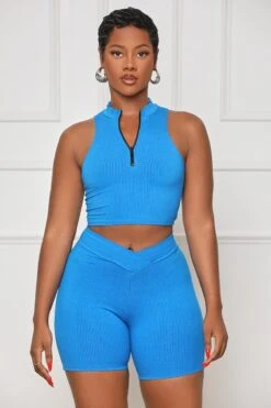 Contour Ribbed Zip Up Shorts Set (Blue)