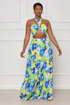 Daisy Fields Halter Top Skirt Set (Blue Multi)