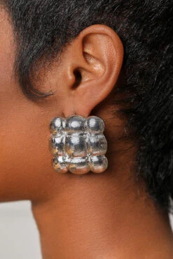 Silver Textured Square Earrings