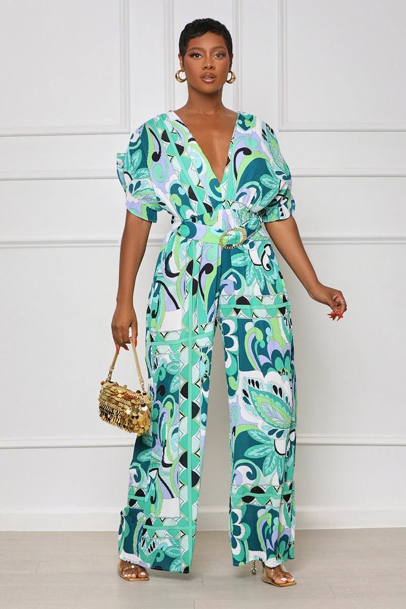 Summer Blooming Plisse Jumpsuit (Green Multi) 1 Summer Blooming Plisse Jumpsuit (Green Multi)