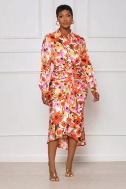 Bed Of Flowers Button Down Midi Dress (Pink Multi)