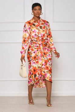 Bed Of Flowers Button Down Midi Dress (Pink Multi) -Lilly's Kloset lilly5 31 2330438