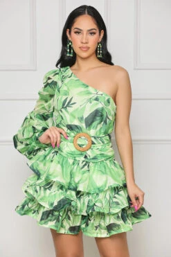 Summer Oasis One Shoulder Mini Dress (Green Multi)- FINAL SALE