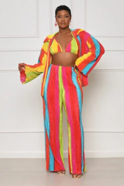 Sun Coast Dream 3 Piece Plisse Pants Set (Red Multi)