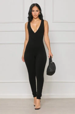 Contour Ribbed V-Neck Jumpsuit (Black)