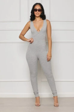 Contour Ribbed V-Neck Jumpsuit (Grey)
