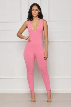 Contour Ribbed V-Neck Jumpsuit (Pink)