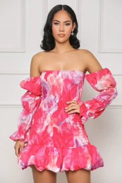 Your Muse Poof Sleeve Mini Dress (Pink Multi)