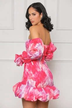 Your Muse Poof Sleeve Mini Dress (Pink Multi) -Lilly's Kloset lilly6 20 2339491