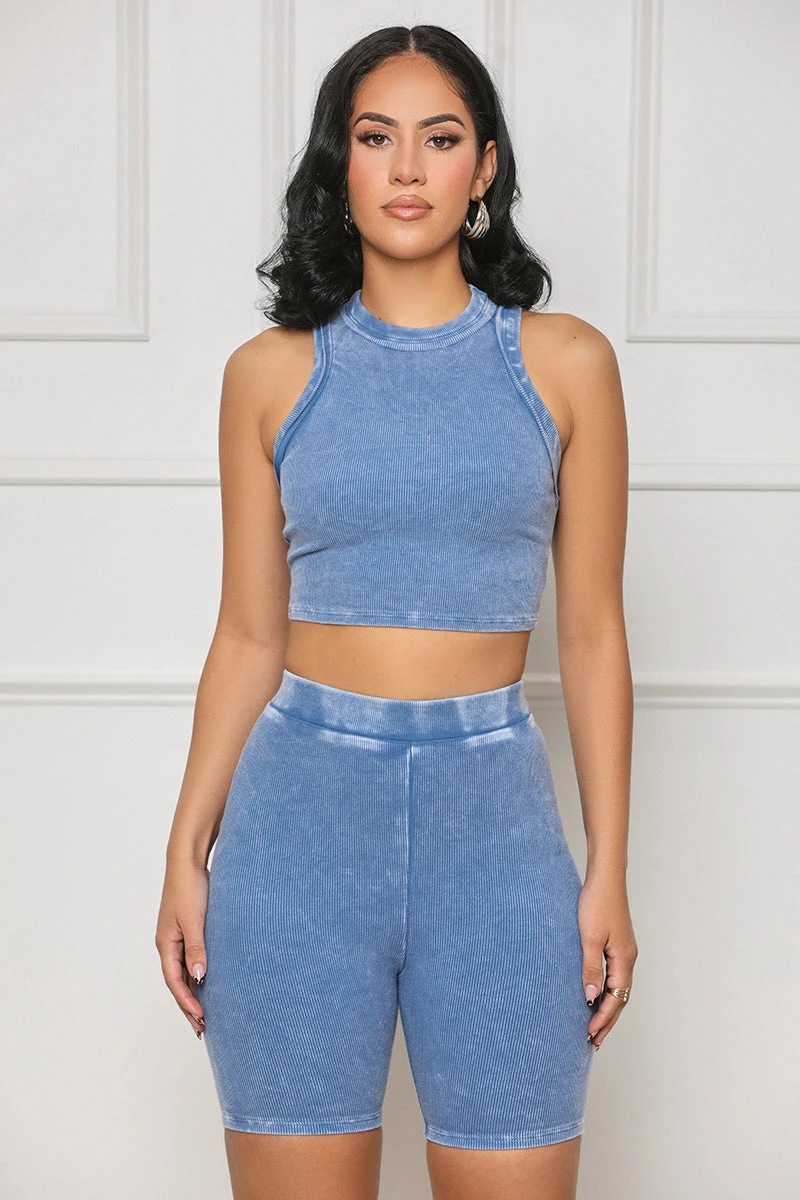 Contour Ribbed Biker Short Set (Blue) 1 Contour Ribbed Biker Short Set (Blue)