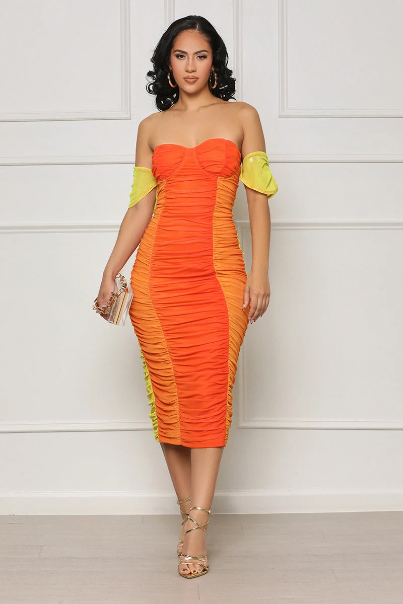 Weekend Essence Ruched Midi Dress (Orange Multi) 5 Weekend Essence Ruched Midi Dress (Orange Multi) - Image 5