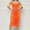 Weekend Essence Ruched Midi Dress (Orange Multi)