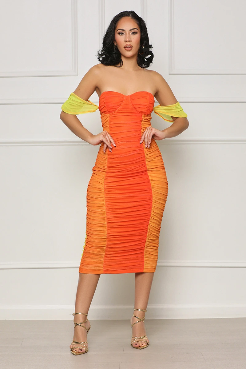 Weekend Essence Ruched Midi Dress (Orange Multi) 1 Weekend Essence Ruched Midi Dress (Orange Multi)