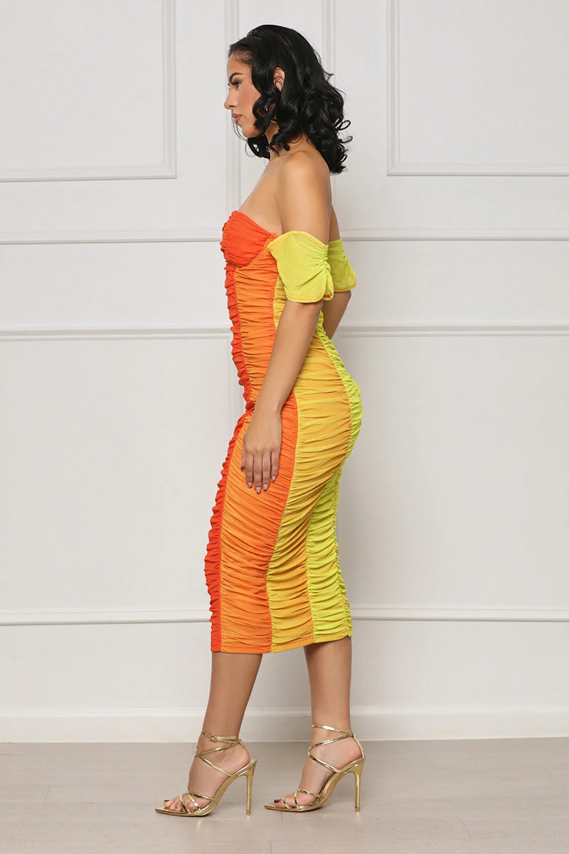 Weekend Essence Ruched Midi Dress (Orange Multi) 3 Weekend Essence Ruched Midi Dress (Orange Multi) - Image 3