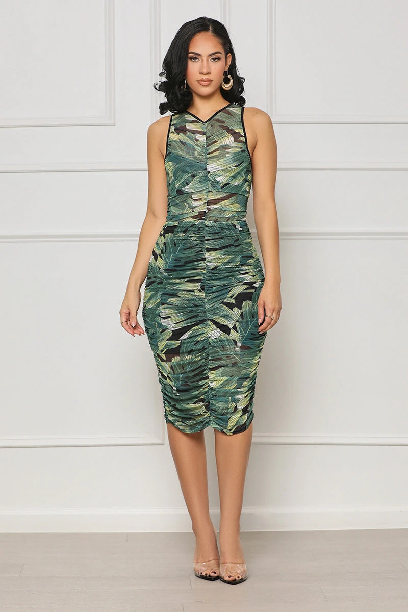 Night Party Ruched Mesh Midi Dress (Green Multi) 4 Night Party Ruched Mesh Midi Dress (Green Multi) - Image 4