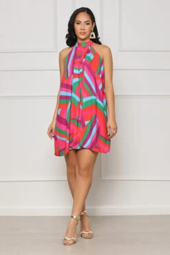 Never Available Abstract Pleated Dress (Red Multi)