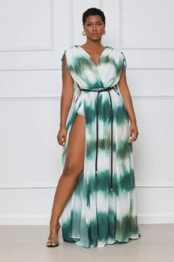 Cut Out Belted Maxi Dress (Green Multi)- FINAL SALE