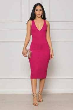 Just Enough V-Neck Ribbed Midi Dress (Fuchsia)