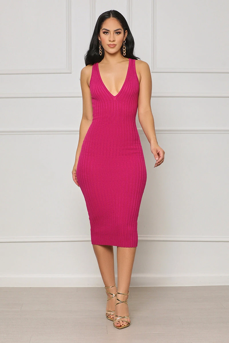 Just Enough V-Neck Ribbed Midi Dress (Fuchsia) 3 Just Enough V-Neck Ribbed Midi Dress (Fuchsia) - Image 3